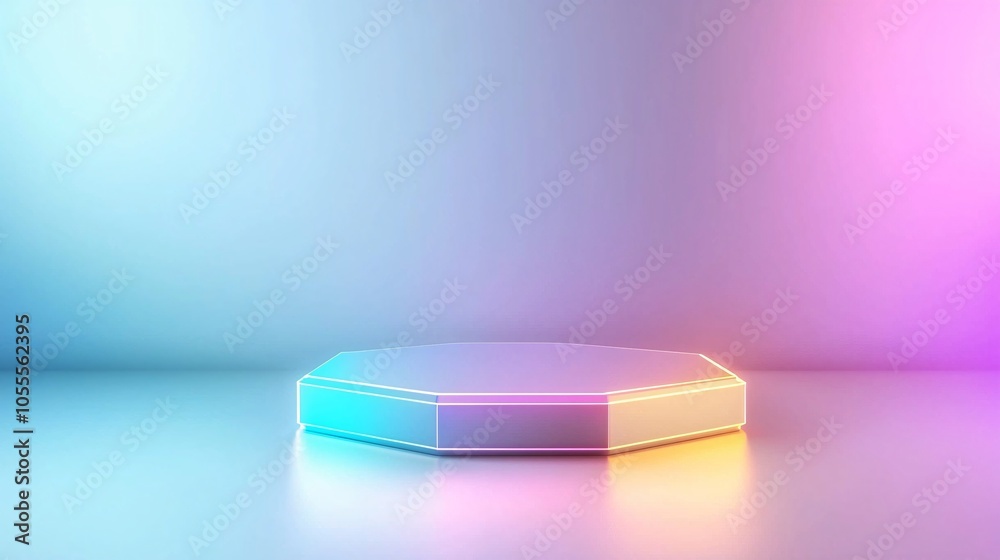 Iridescent Holographic Hexagon with Vibrant Lights - Futuristic Patterns and Smooth Reflective Surface for Eye-Catching Visuals Iridescent Holographic Hexagon with Vibrant Lights - Futuristic Patterns and Smooth Reflective Surface for Eye-Catching Visuals