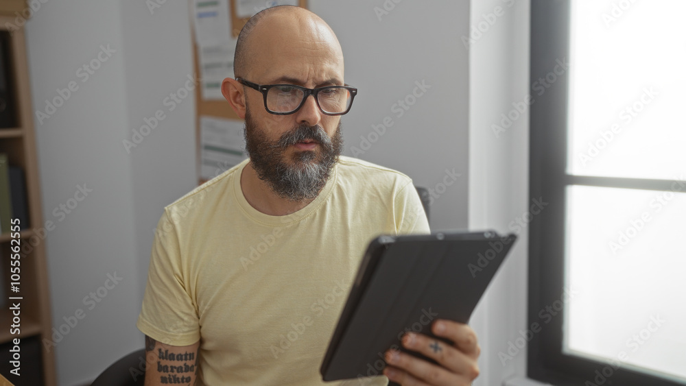Hispanic man with beard and glasses using tablet in modern office Hispanic man with beard and glasses using tablet in modern office
