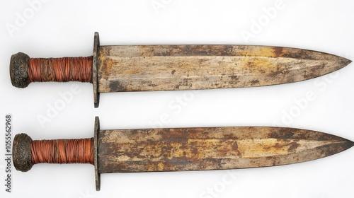 Two antique swords with worn blades and detailed handles, showcasing craftsmanship and history in a clean white background.