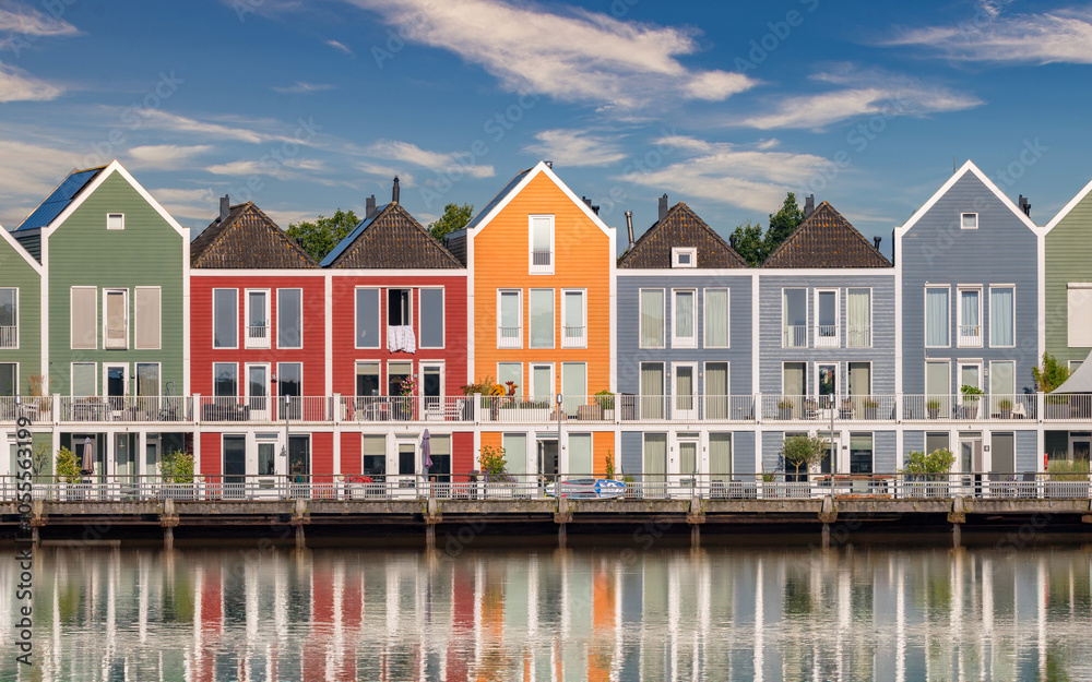 Reflection with houses on the lake in Houten Netherlands