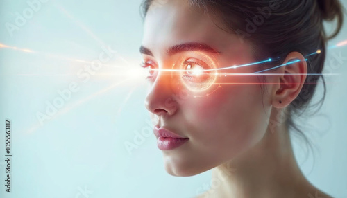 Health and vision concept. Beautiful young woman with laser light lines on her eye over white background, panorama shot