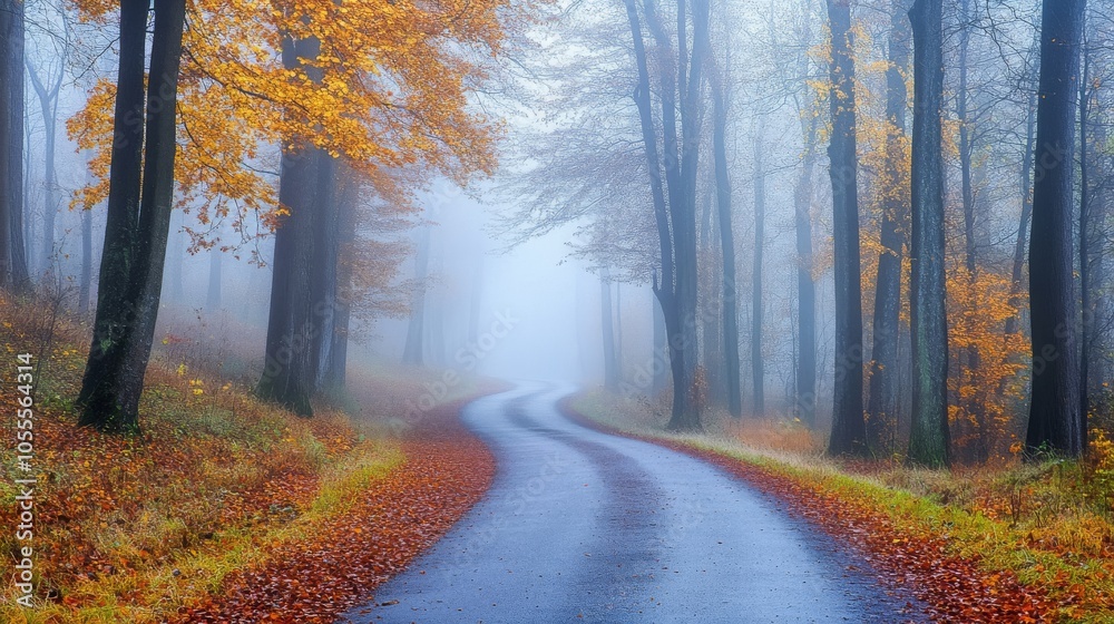 A winding road through a misty forest, adorned with vibrant autumn leaves, creating a serene and mystical atmosphere. A winding road through a misty forest, adorned with vibrant autumn leaves, creating a serene and mystical atmosphere.