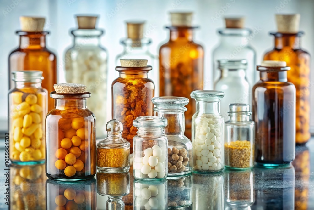 Used Glass Pill Bottles on White Surface for Medical and Health-Related Stock Photography Used Glass Pill Bottles on White Surface for Medical and Health-Related Stock Photography