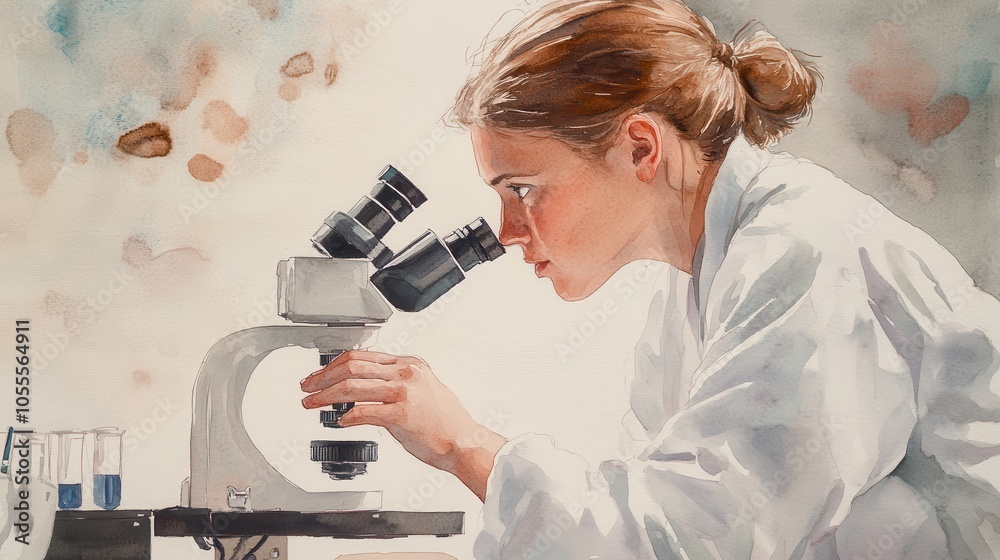 Student Analyzing with Microscope in Watercolor Style Student Analyzing with Microscope in Watercolor Style