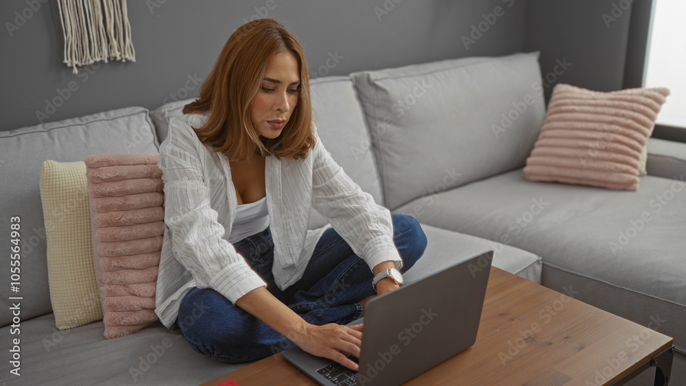 Young woman using a laptop while sitting cross-legged on a gray couch in a modern living room with pastel-colored pillows Young woman using a laptop while sitting cross-legged on a gray couch in a modern living room with pastel-colored pillows