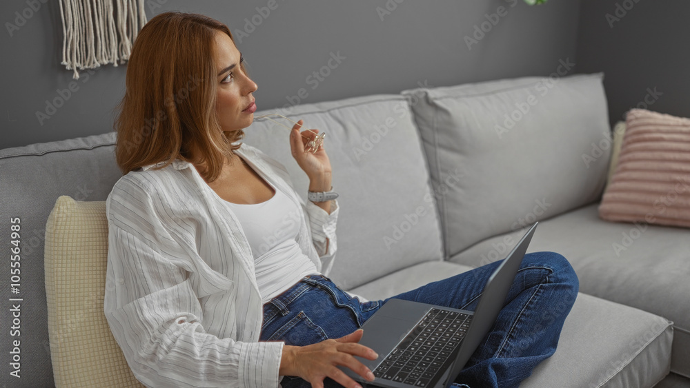 Young woman with brunette hair sitting on a sofa in a living room holding glasses and a laptop in a modern apartment Young woman with brunette hair sitting on a sofa in a living room holding glasses and a laptop in a modern apartment
