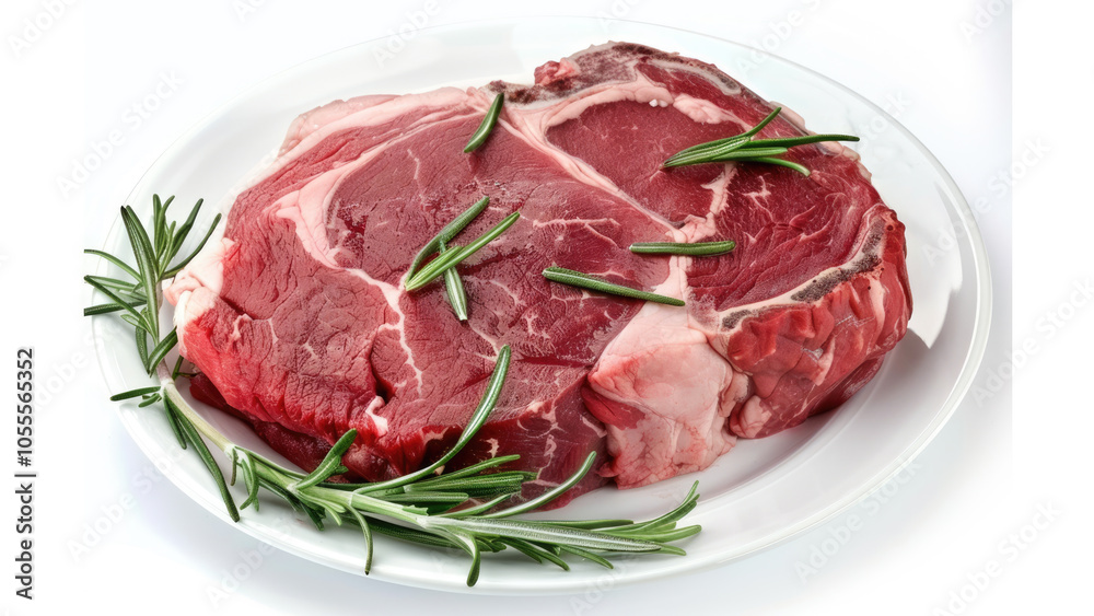 Raw beef steak garnished with fresh rosemary on a white plate Raw beef steak garnished with fresh rosemary on a white plate