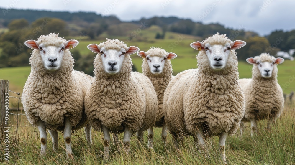Obraz premium Five Fluffy Sheep Standing in a Field of Grass