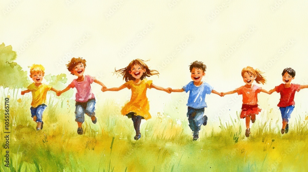 Joyful Children Running in a Watercolor Landscape Joyful Children Running in a Watercolor Landscape