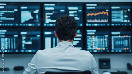 A person is seated in front of multiple monitors displaying data analytics and graphs, engaged in analysis or monitoring.