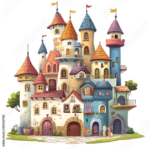 A cartoon castle with a balcony where a princess waves at the townsfolk below, creating a lively scene on a white background.