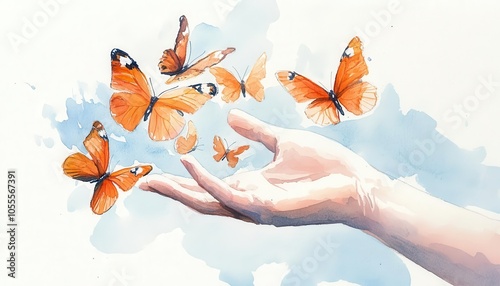 Obraz na płótnie Watercolor of an open hand releasing butterflies with orange wings, Freedom from Illness, hope for recovery