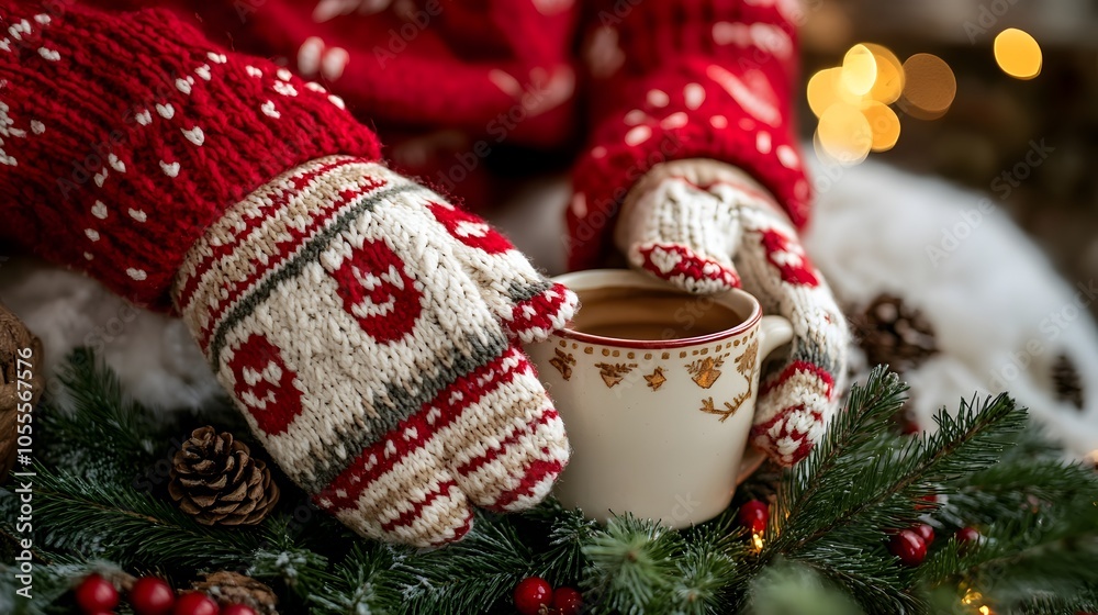 Cozy Winter Morning with Warm Coffee in Mittens Holding Mug Amid Pine Branches Cozy Winter Morning with Warm Coffee in Mittens Holding Mug Amid Pine Branches