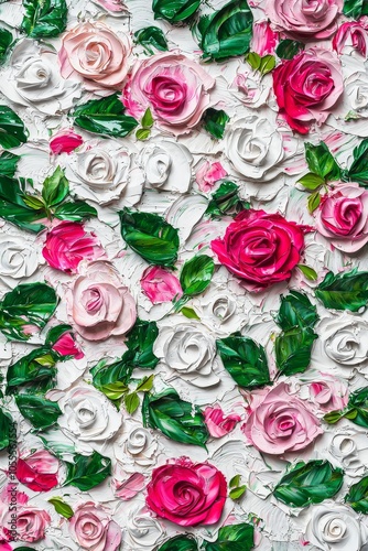 In a vibrant and textured floral composition, white and pink roses with green leaves are presented in an impressionistic style that is both colorful and refreshing.