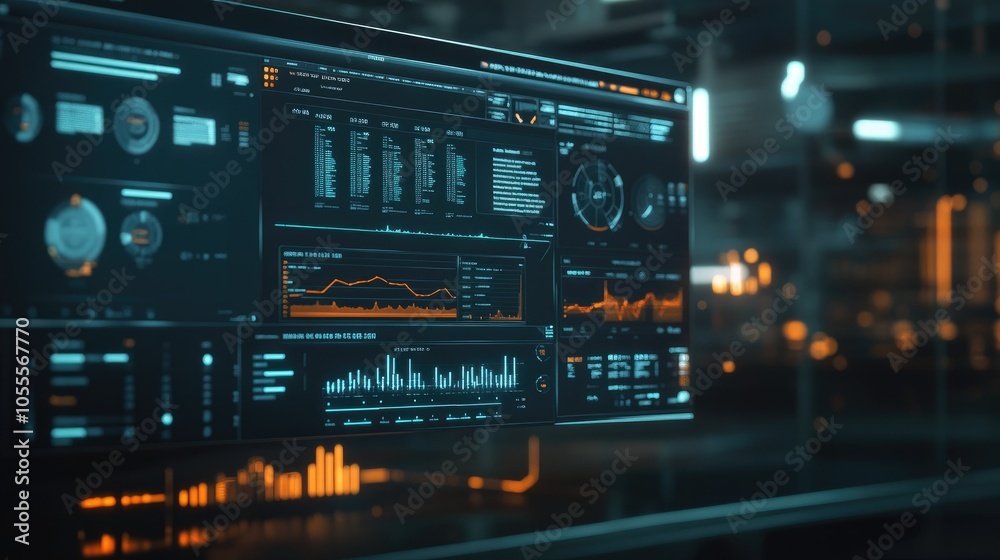 Digital interface with icons, timeline, and graphs, soft blurred background, concept for analytics and data dashboard Digital interface with icons, timeline, and graphs, soft blurred background, concept for analytics and data dashboard