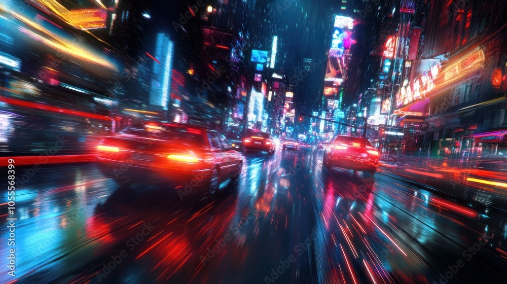 Cars speed through city at night, blurred lights.