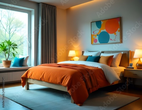 mid century scandinavian interior design of modern bedroom with colorful multicolored furniture photo