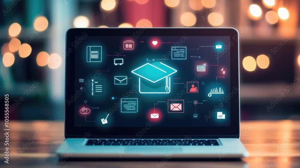 Laptop screen displaying online courses, digital education interface with vibrant icons, blurred background, tech-forward