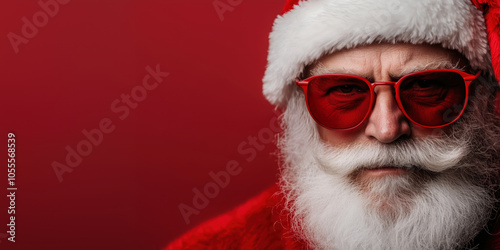 Festive Santa Claus with red glasses posing against a vibrant background during the holiday season