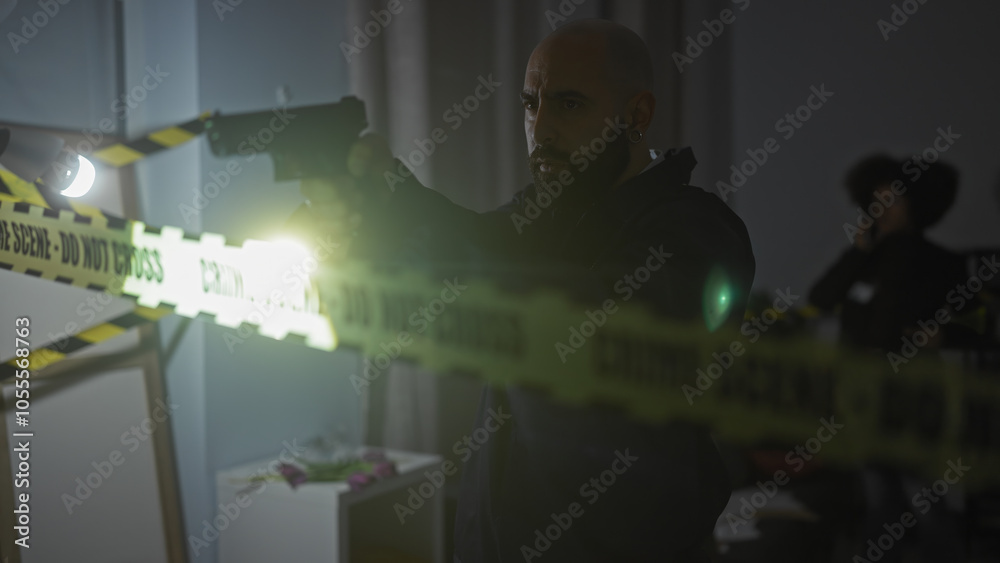 Bald man and woman detectives with gun indoor crime scene night investigation Bald man and woman detectives with gun indoor crime scene night investigation
