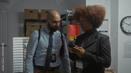A man and woman, depicted as detectives, scrutinize a smartphone in a dimly lit, cluttered office space with evidence of investigative work.