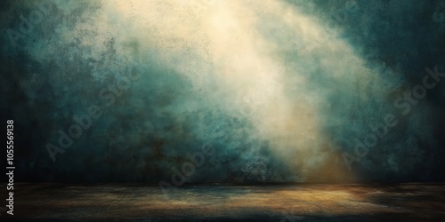 Dramatic dark teal and gold abstract background with spotlight effect and copy space