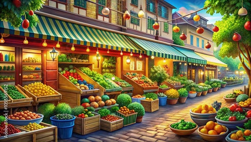 Vibrant Market Building Grocery Store Illustration for Community Shopping Experience