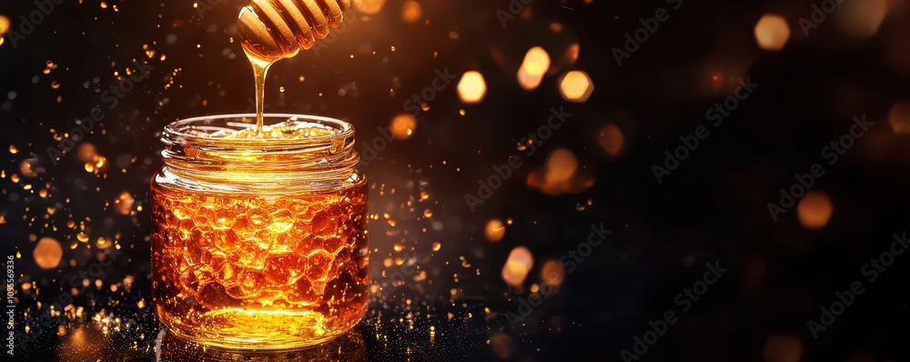 Golden honey gracefully poured from a jar, with ample space for text alongside, evoking warmth and nature. Golden honey gracefully poured from a jar, with ample space for text alongside, evoking warmth and nature.
