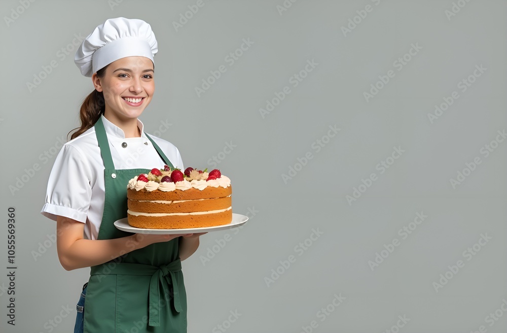 the pastry chef holds a cake decorated with berries in his hands, there is a place for text on the right, a simple smooth gray background the pastry chef holds a cake decorated with berries in his hands, there is a place for text on the right, a simple smooth gray background