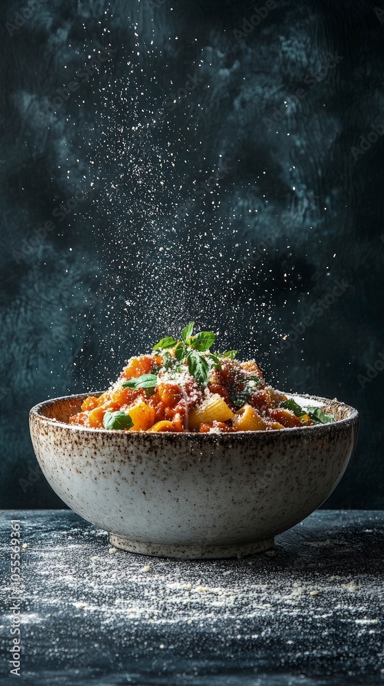 Italian pasta dish with a rich tomato sauce, sprinkled with parmesan cheese, rustic background Italian pasta dish with a rich tomato sauce, sprinkled with parmesan cheese, rustic background