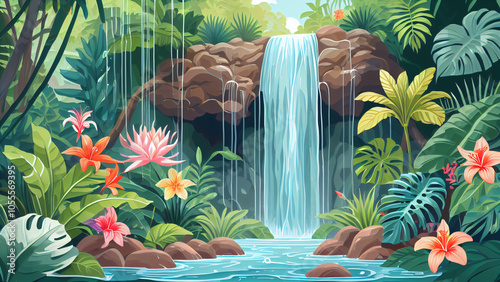 A Verdant Haven of Tranquility and Adventure: The Enchanting Symphony of a Tropical Jungle with Cascading Waters, Blooming Exotic Flora, and the Timeless Harmony of Nature’s Hidden Paradise