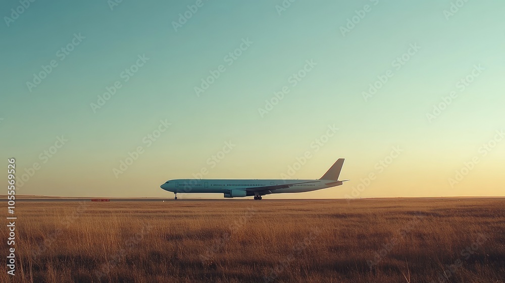 Parked airplane on runway, set against a clear sky, symbolizing the beginning of adventure Parked airplane on runway, set against a clear sky, symbolizing the beginning of adventure