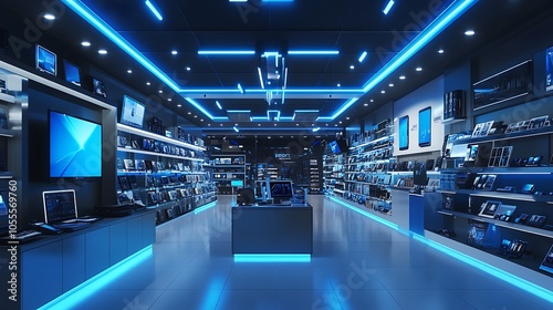 3D rendering of an electronic store interior with pink color, Computer store room background