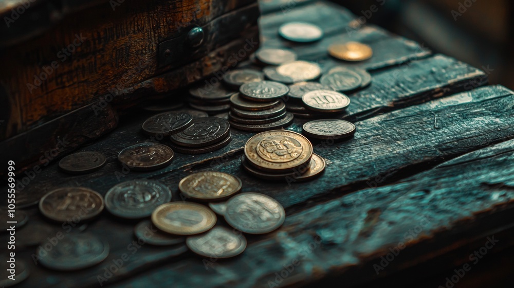 Antique coins scattered on a rustic wooden table Antique coins scattered on a rustic wooden table