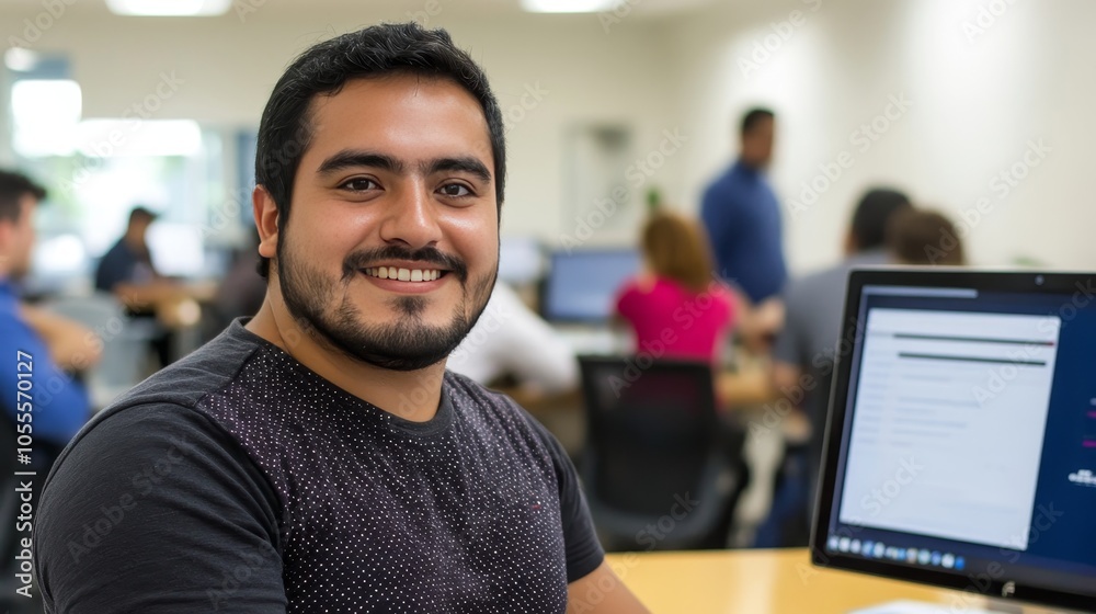 A Latin American man working creatively at his computer in an office environment, with colleagues moving in the background, highlighting workplace dynamics and collaboration A Latin American man working creatively at his computer in an office environment, with colleagues moving in the background, highlighting workplace dynamics and collaboration