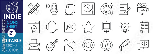 A set of line icons related to Indie. Music, creativity, independent artistry, self-expression, and so on. Vector editable stroke.