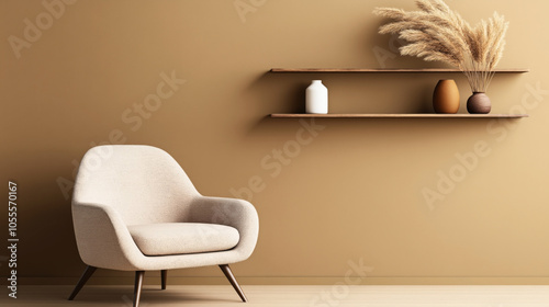 Minimalist living room with beige armchair, wooden shelves, ceramic vases, and decorative pampas grass against a brown wall.