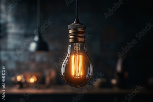 Vintage style Edison bulb with glowing filament, casting a warm, cozy light in a dark rustic setting