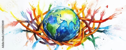 Splashing watercolor of a globe supported by many interwoven arms, World in Unity, global solidarity photo