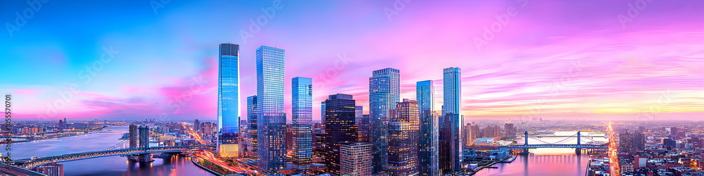 Fototapeta premium A city skyline with a purple sky in the background
