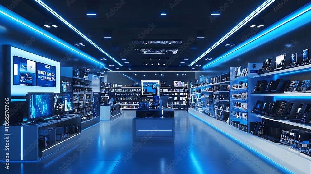 3D rendering of an electronic store interior with pink color, Computer store room background 3D rendering of an electronic store interior with pink color, Computer store room background