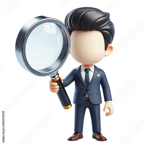 3d businessman holding magnifying glass isolated on white background