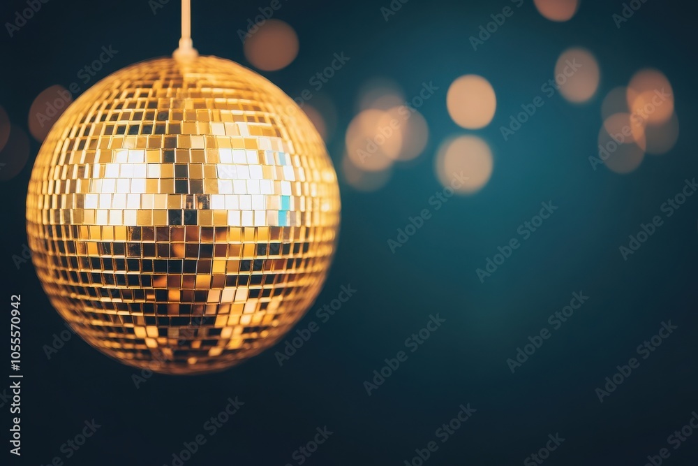 Obraz premium Bright and shimmering disco ball hanging against a blurred blue background, perfect for parties and celebrations.