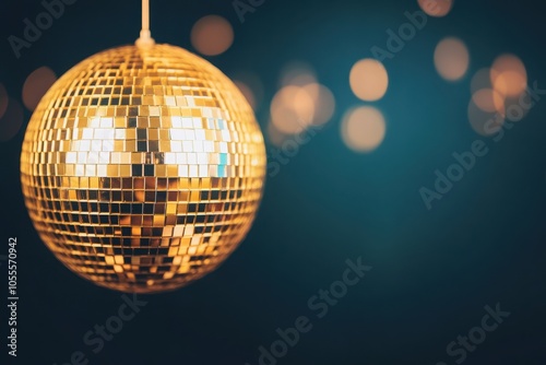 Bright and shimmering disco ball hanging against a blurred blue background, perfect for parties and celebrations.