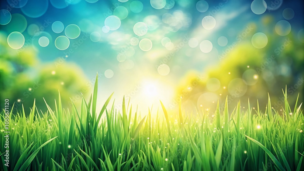 Fototapeta premium Vibrant Spring Green Grass Under Bright Sunny Sky - Abstract Natural Background for Tranquil Settings