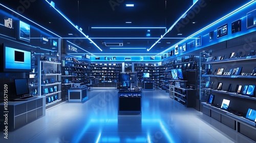 3D rendering of an electronic store interior with pink color, Computer store room background photo