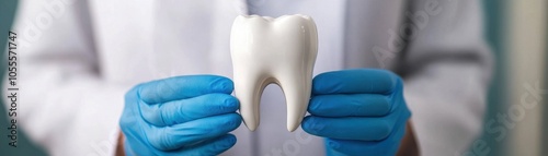 Close-up of a dentist holding a model tooth, showcasing dental care and hygiene in a clinical environment. photo