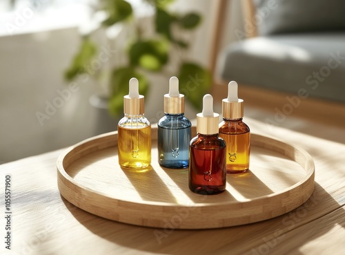 Colorful Essential Oil Bottles on Wooden Tray
 photo