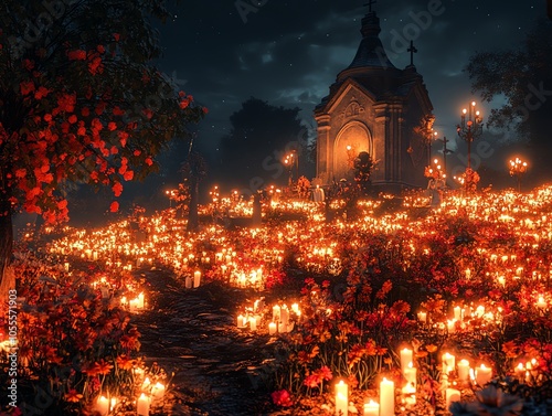 Cemetery at night, filled with glowing candles and flowers, surrounded by joyful families