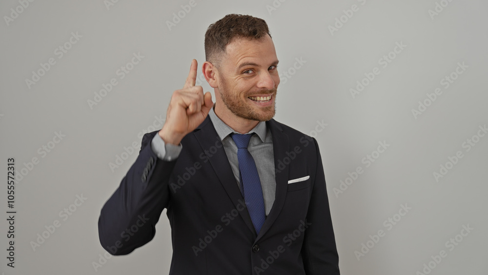 A handsome hispanic man smiling and pointing upwards, wearing a suit, isolated over a white background. A handsome hispanic man smiling and pointing upwards, wearing a suit, isolated over a white background.